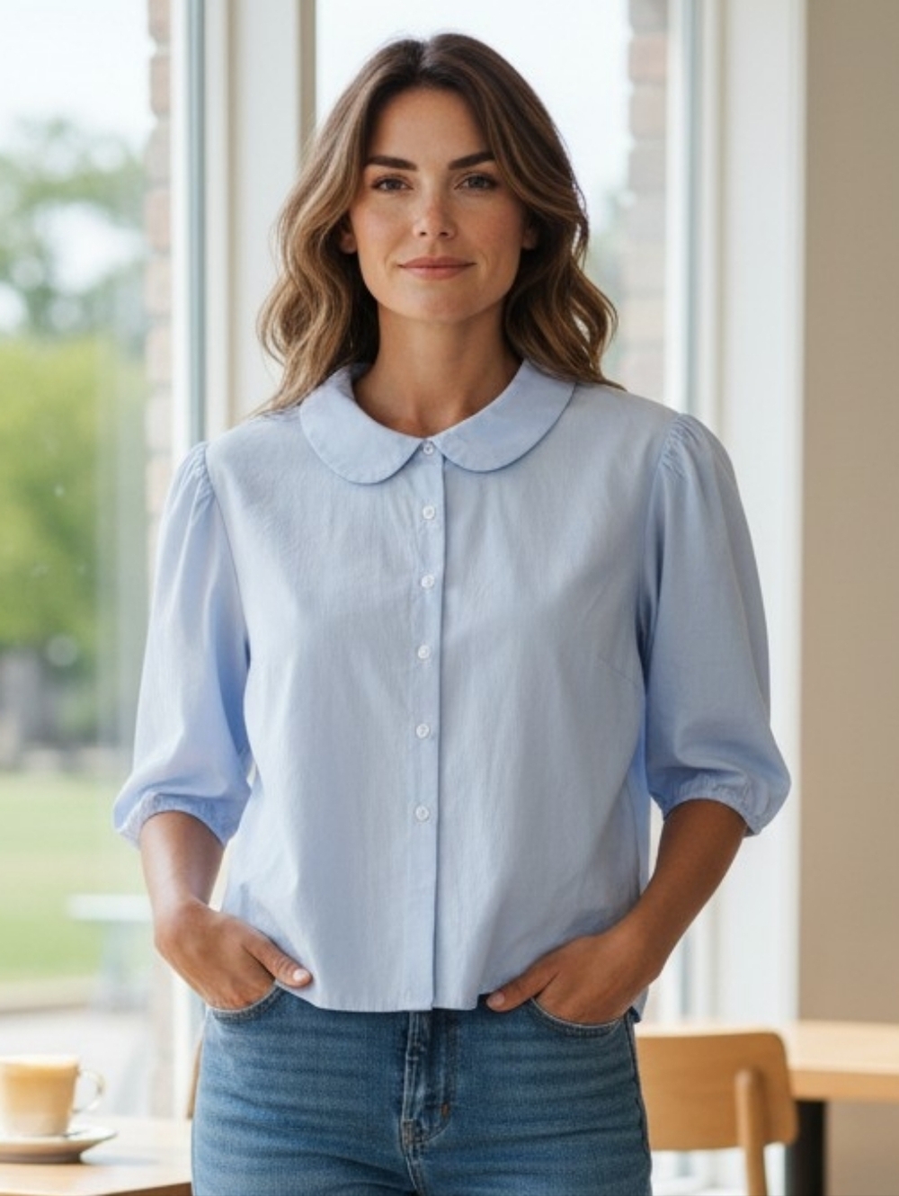 Cider Light Blue Casual Button-Up Top